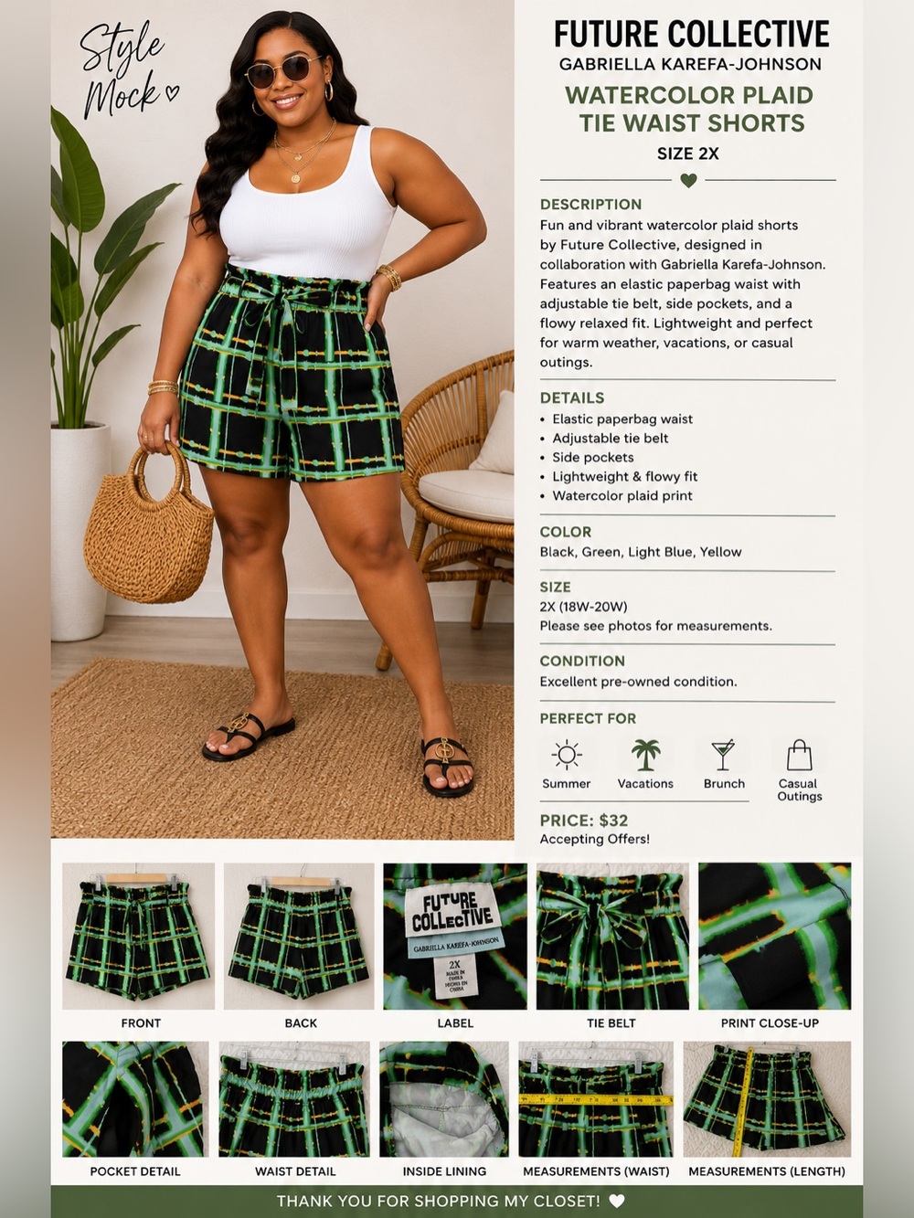 Future Collective Gabriella Karefa-Johnson Watercolor Print Tie Waist Shorts 2X